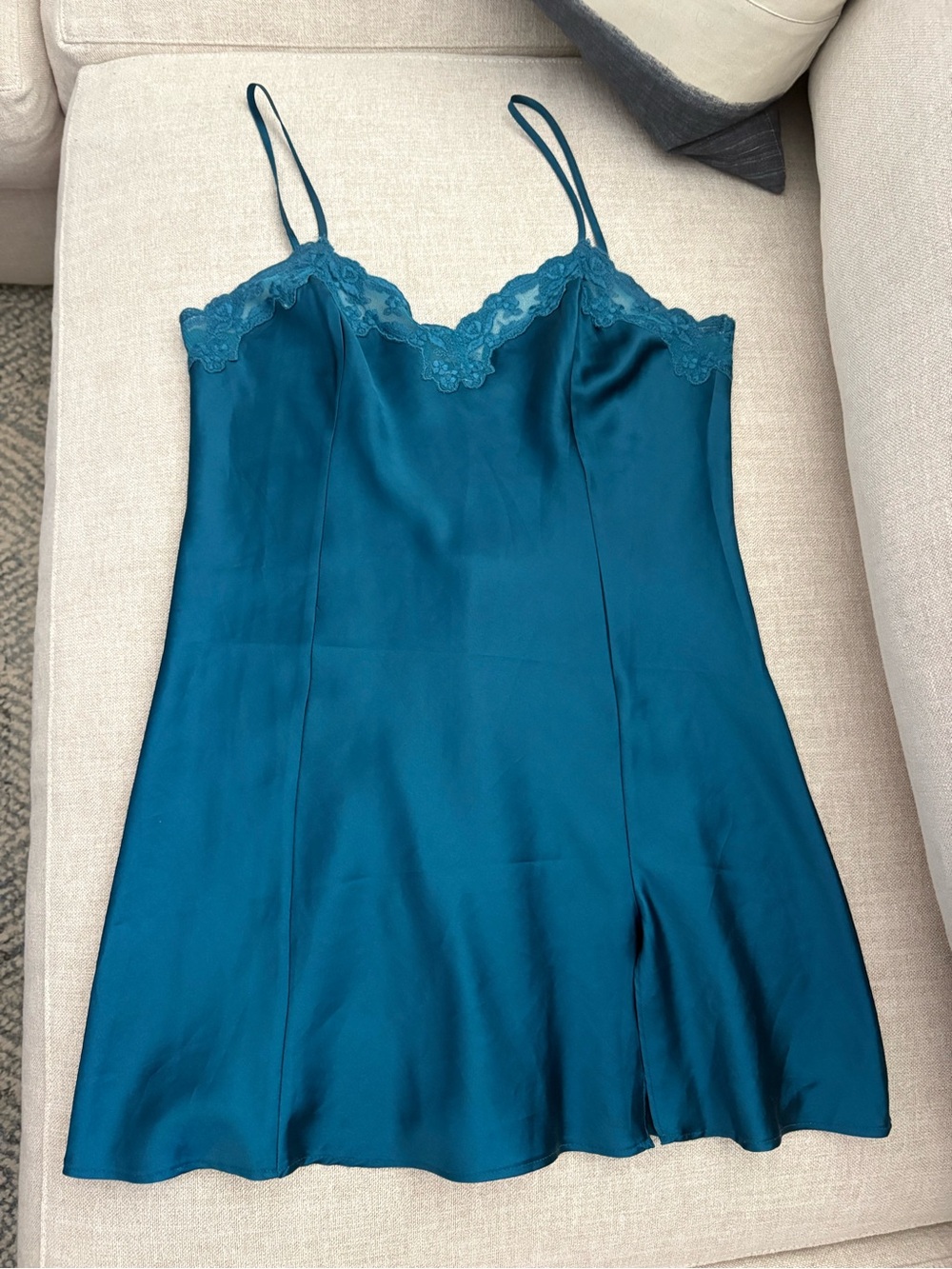 Victoria’s Secret Silk-Feel Teal Lace-Trim Slip Dress